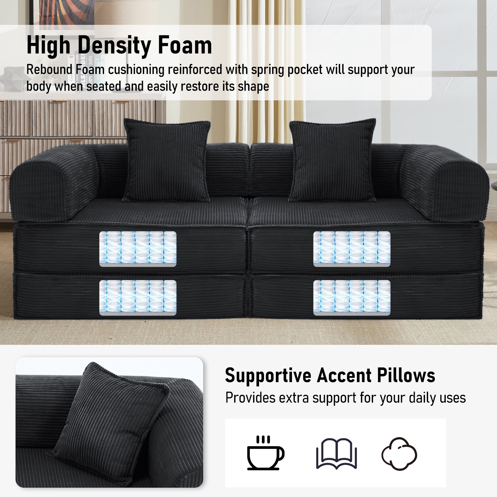 Convertible Sleeper Sofa Bed Modular Corduroy Couch With Pillows_voghion.com